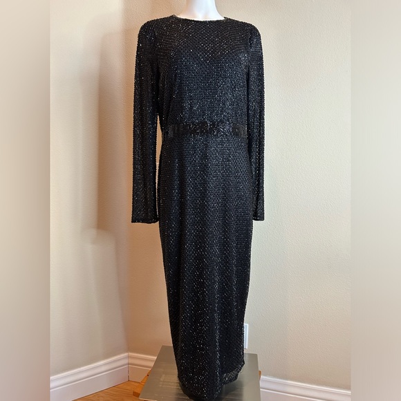 Mac Duggal Black 16 Long Sleeve Beaded Midi Cocktail Dress NWT Lattice Beads - Picture 4 of 9